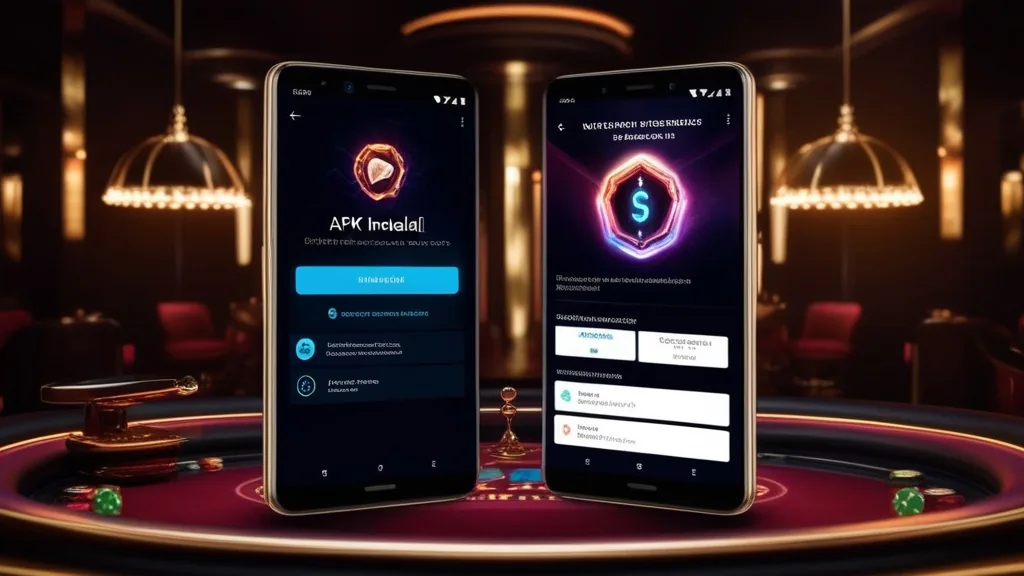 Android κινητό με εγκατάσταση APK και φωτεινό σκοτεινό φόντο καζίνο